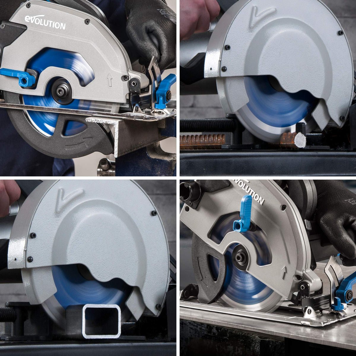 Blue Evolution blade mounted on circular saw shows precise mild steel cutting.