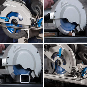 Blue Evolution blade mounted on circular saw shows precise mild steel cutting.