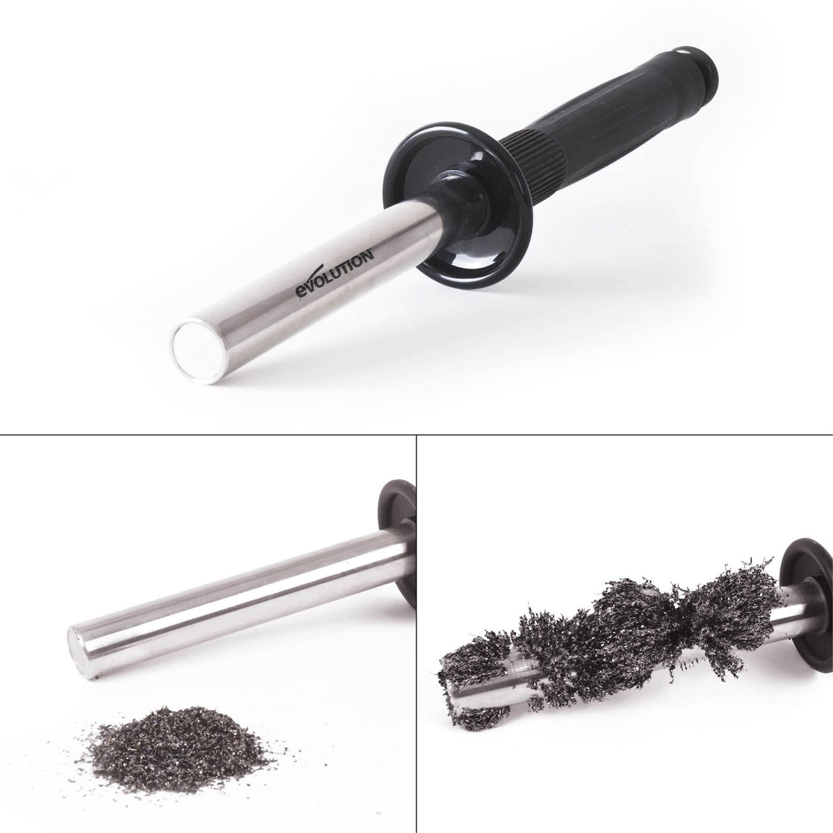 EVOLUTION Cyclone release action drops shavings into a scrap barrel.