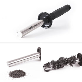 EVOLUTION Cyclone release action drops shavings into a scrap barrel.