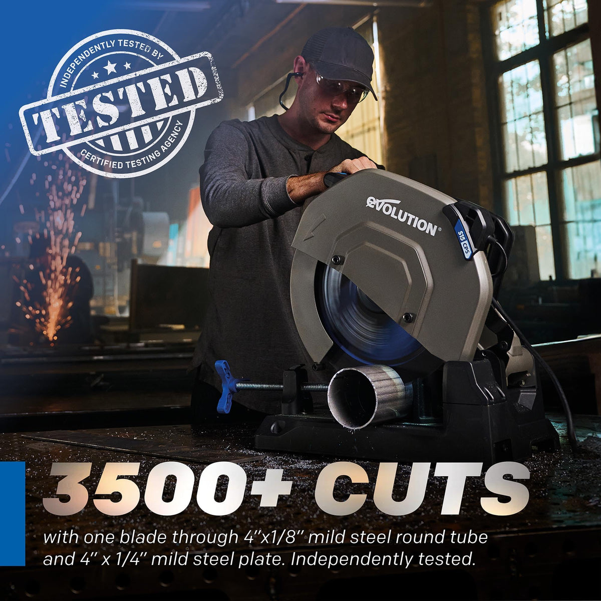 EVOMAX14ST in action cutting mild steel with 80-tooth precision.