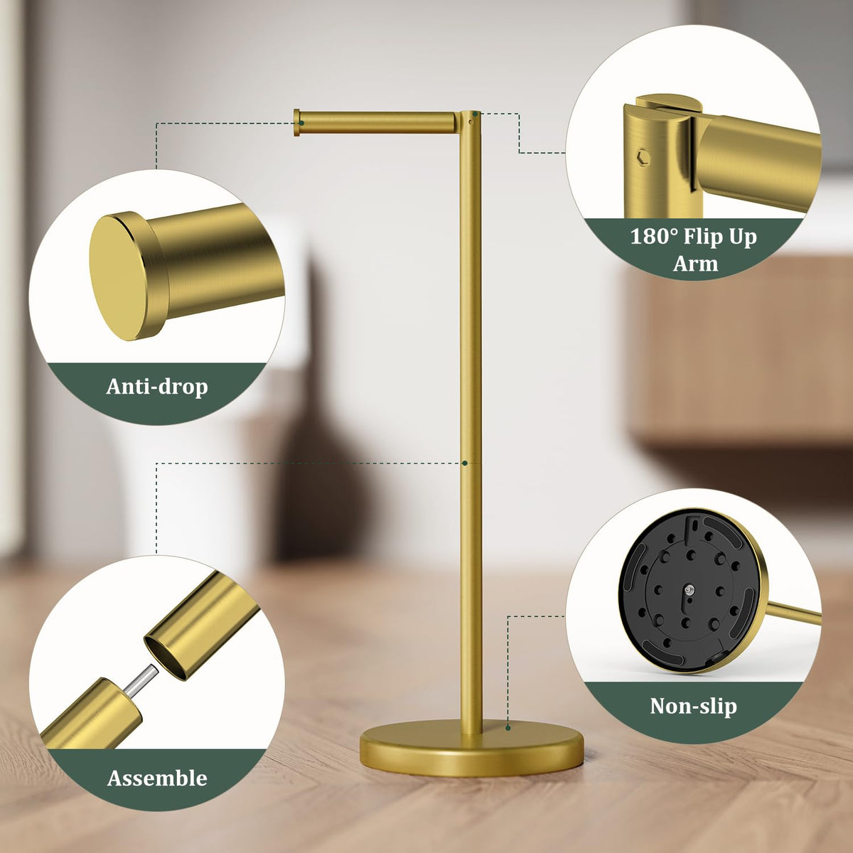 Evolvegoods brushed gold bathroom decor adds a touch of luxury while organizing rolls.