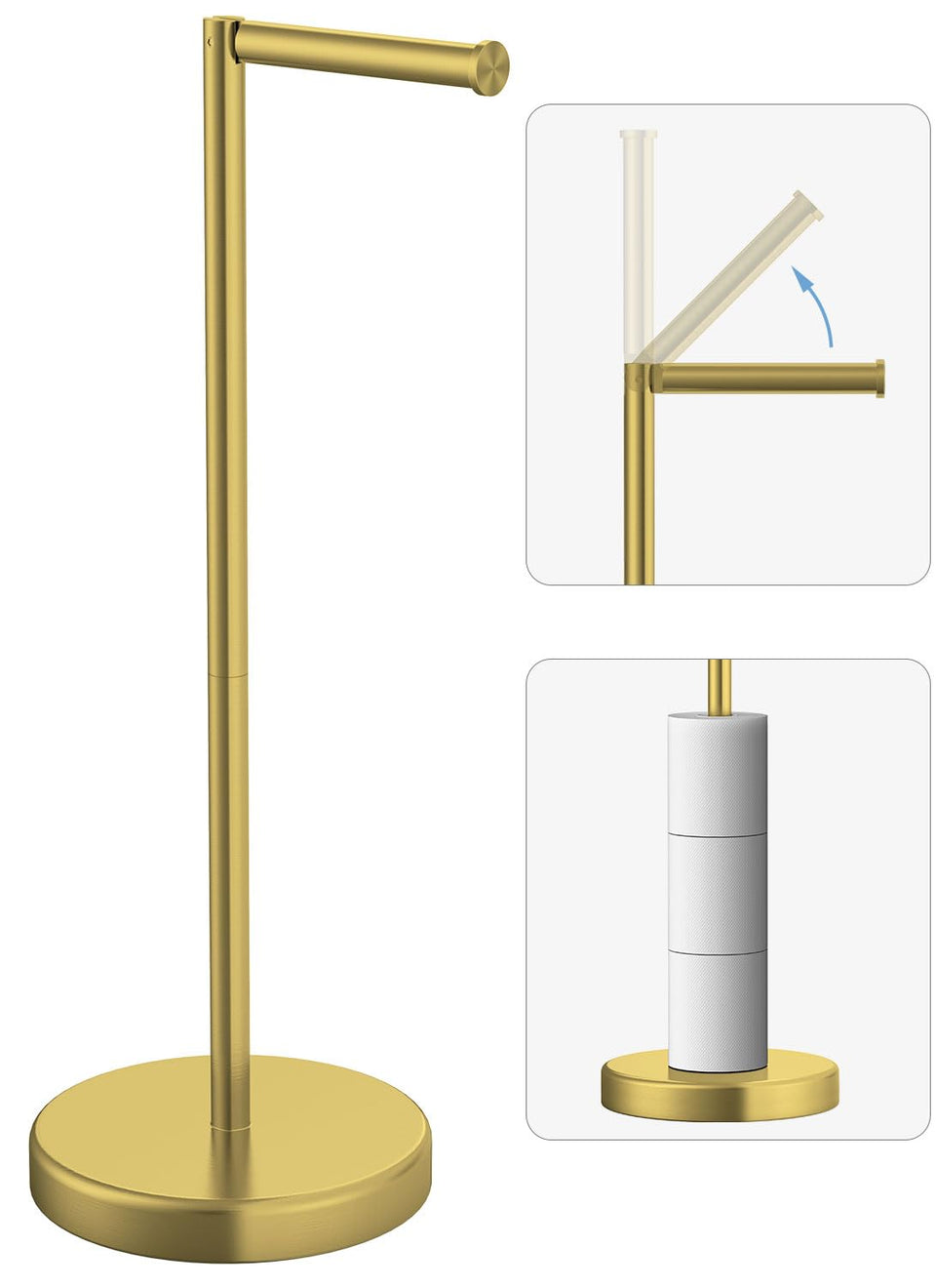 Evolvegoods brushed gold freestanding toilet paper holder, stable base supports steady rolls.