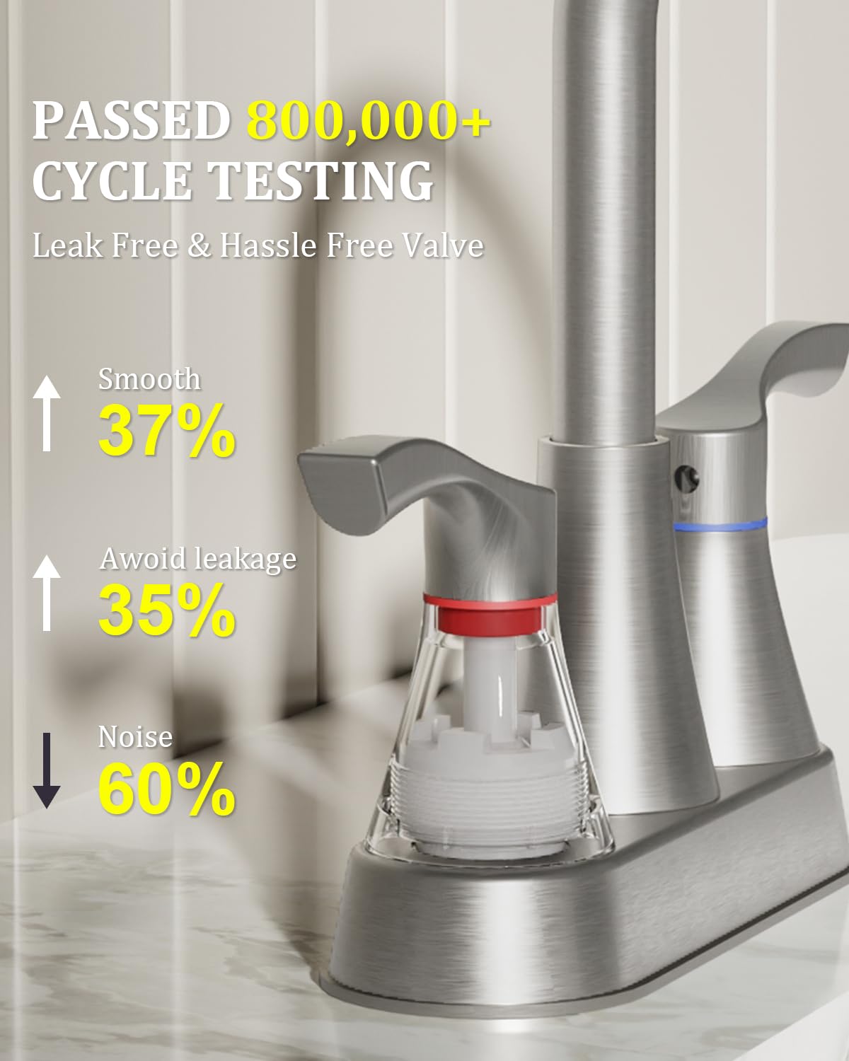 Evolvegoods brushed nickel faucet aerator closeup illustrates water-saving flow