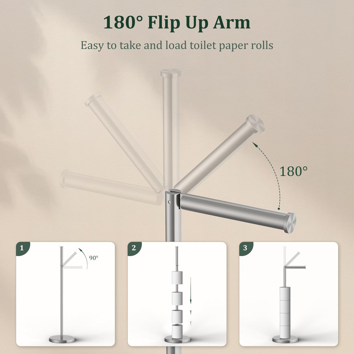 Evolvegoods brushed nickel stand dispensing roll, keeps rolls ready for quick replacements.