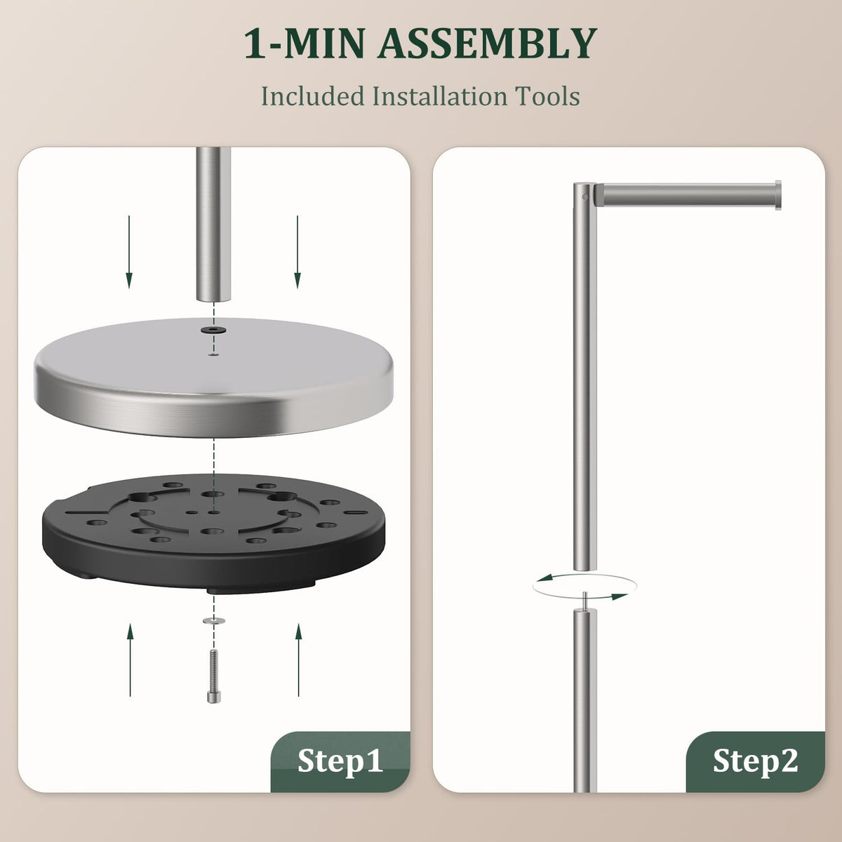 Evolvegoods brushed nickel stand highlighting spare rolls, convenient access.