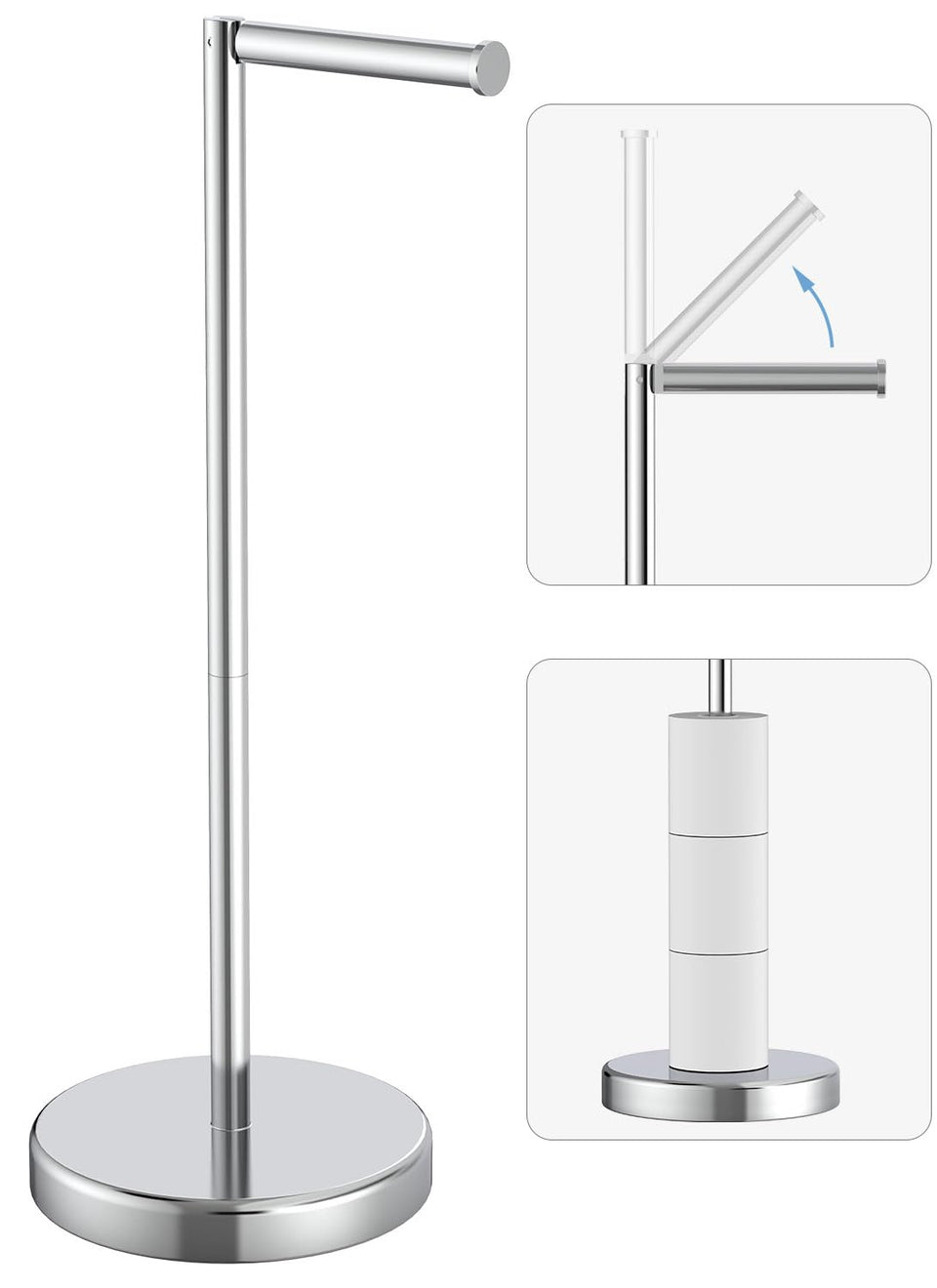 Evolvegoods chrome toilet paper holder stand closeup shows rustproof finish for durable use.