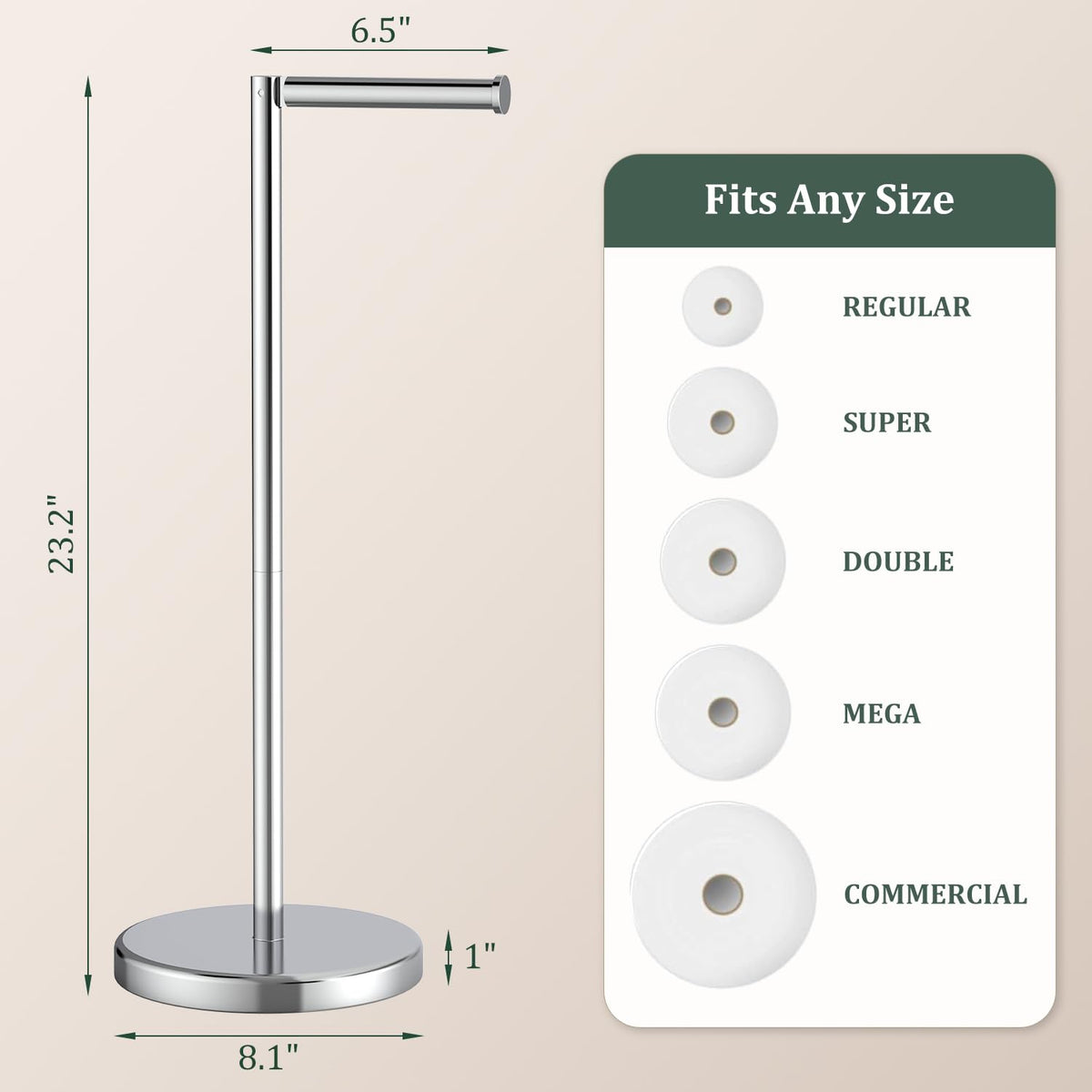 Evolvegoods chrome toilet paper holder stand dispensing feature shows easy roll access.