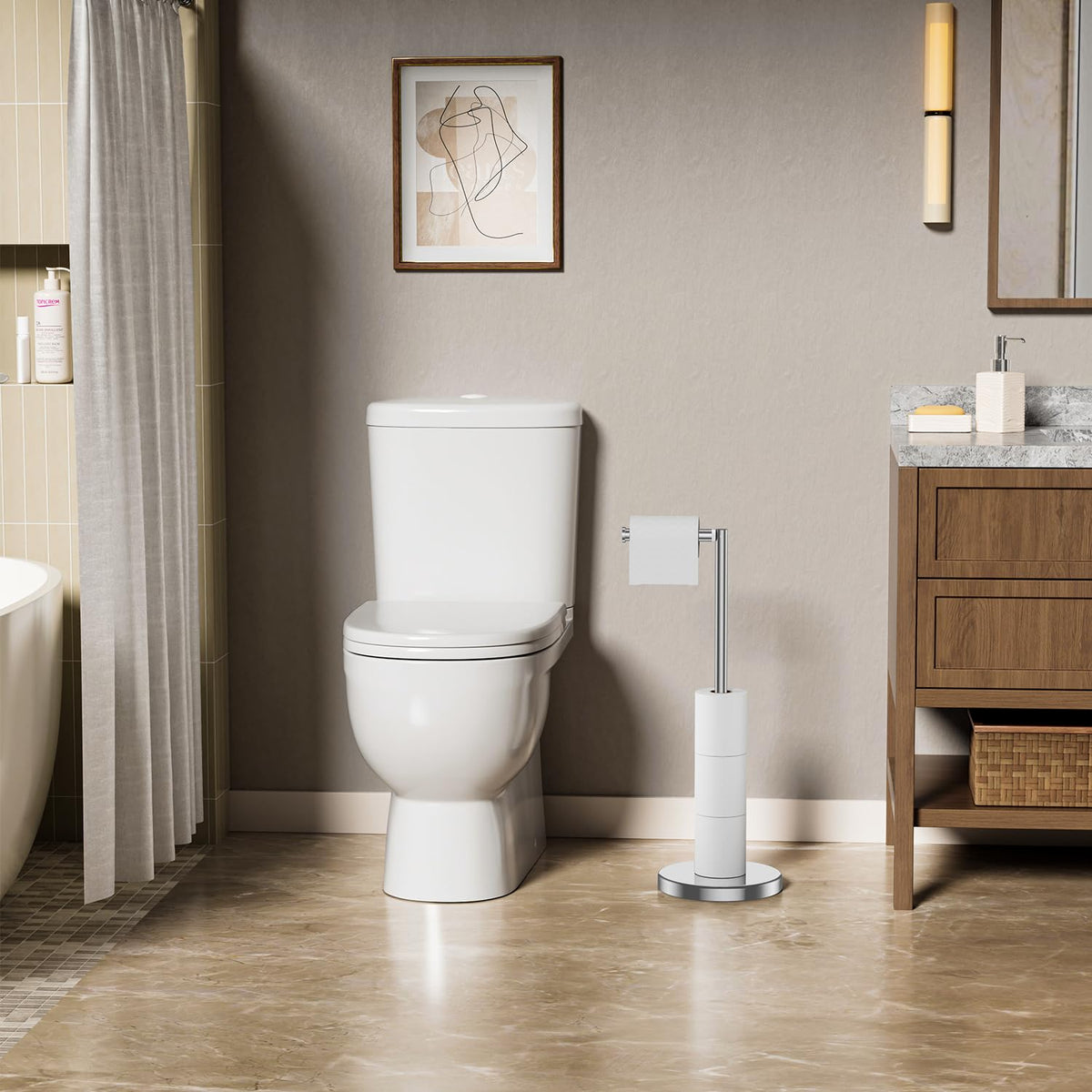 Evolvegoods chrome toilet paper holder stand in bathroom scene emphasizes compact footprint.