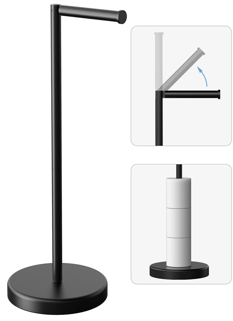 Evolvegoods matte black toilet paper holder stand, front view, compact and space-saving for small bathrooms.