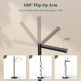 Evolvegoods matte black toilet paper holder stand, side view, fits all roll sizes.