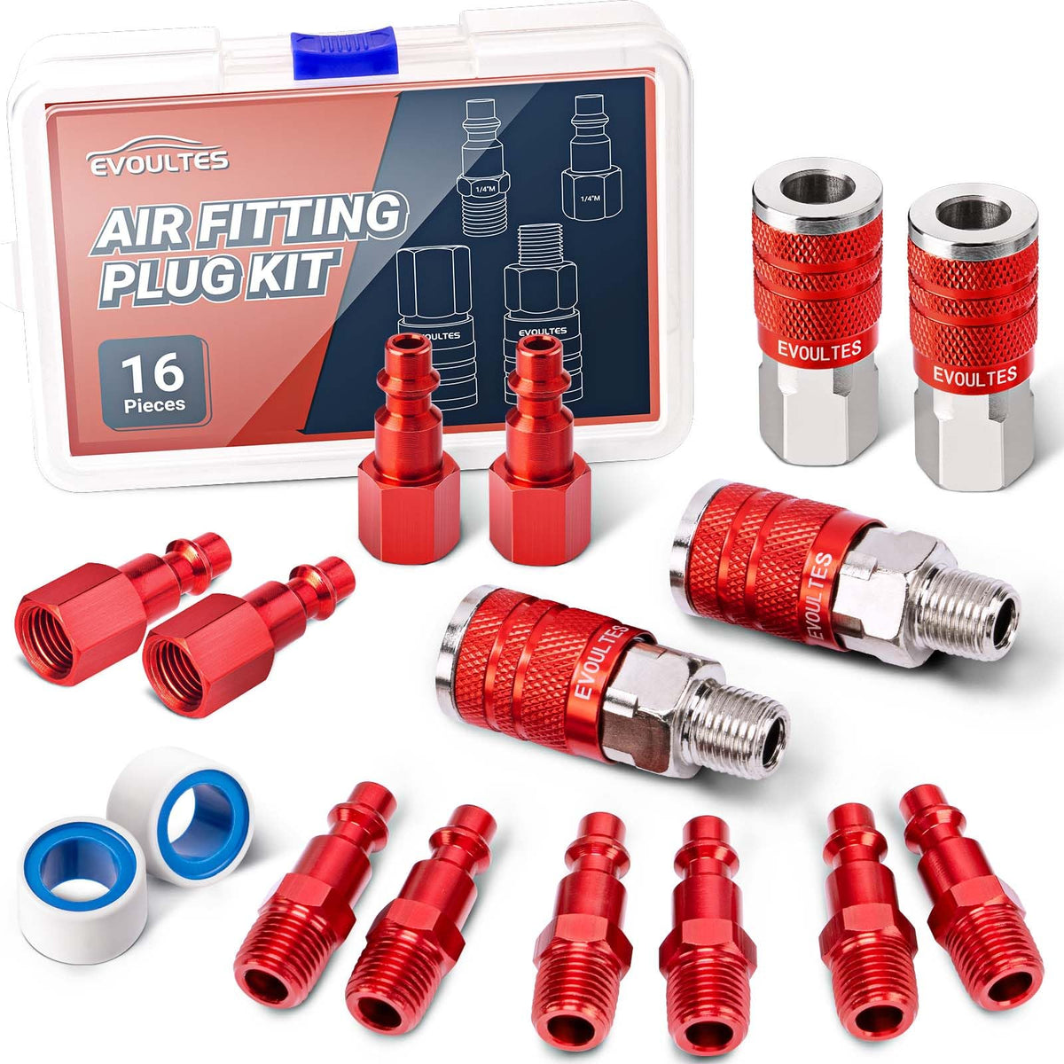 EVOULTES 16-piece air fittings front view for universal connections