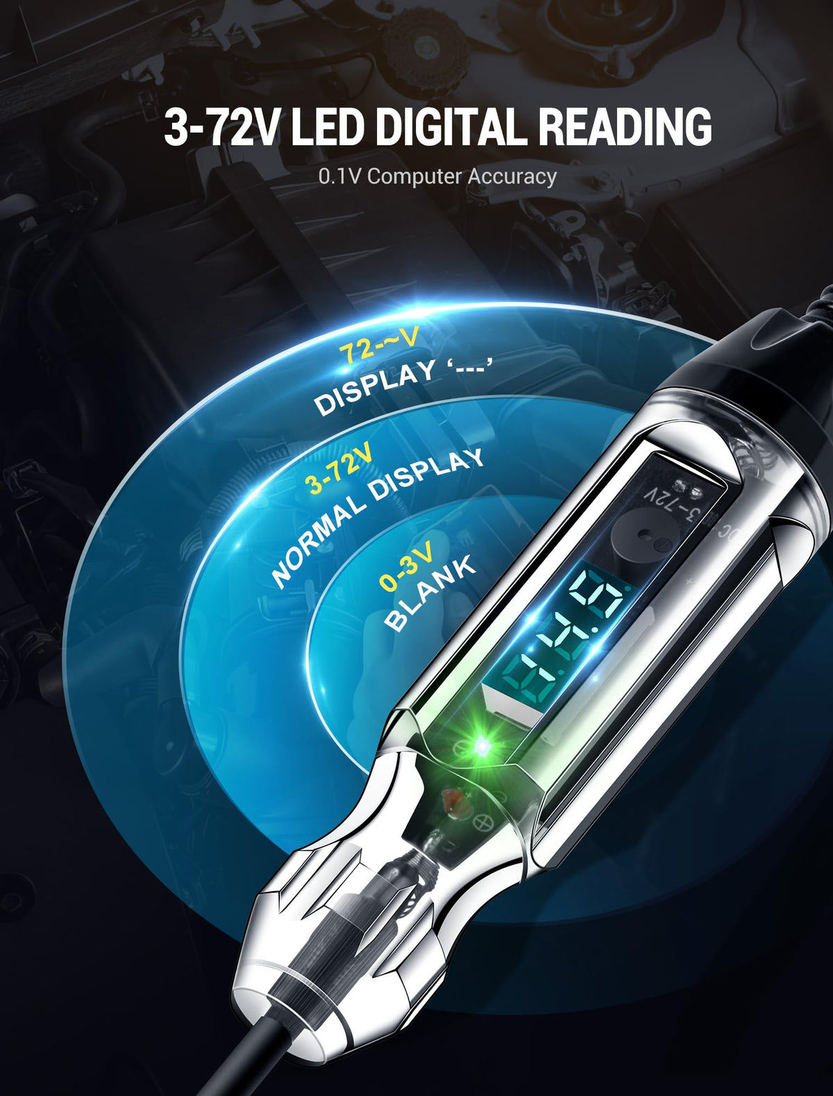 EVOULTES digital LED voltage reading provides precise 0.1 V steps for day and night testing.