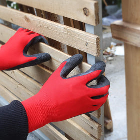 Evridwear red gloves visible on a crowded job site