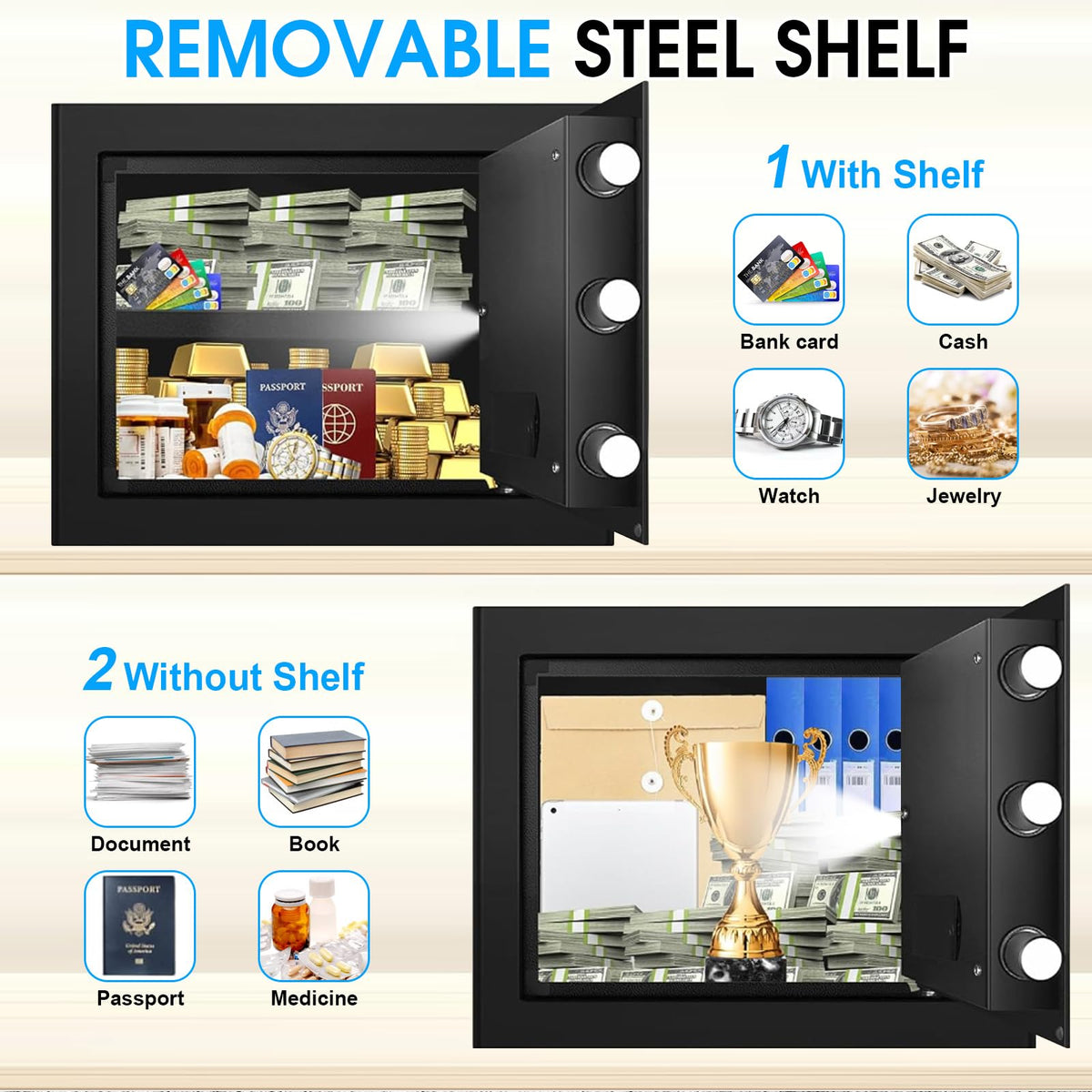 EVSUVSRT removable shelf for organized storage of valuables