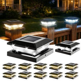 EVXFG 4x4 solar post cap light installed on a wooden post for enhanced pathway visibility.