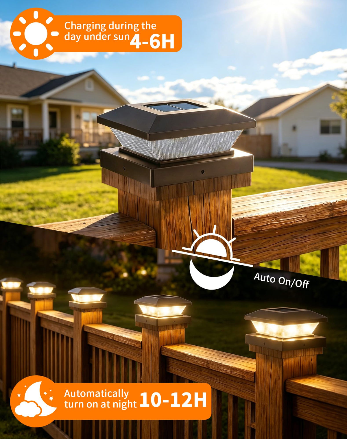 EVXFG three-mode LED post cap illuminates warm, white, and neutral options.