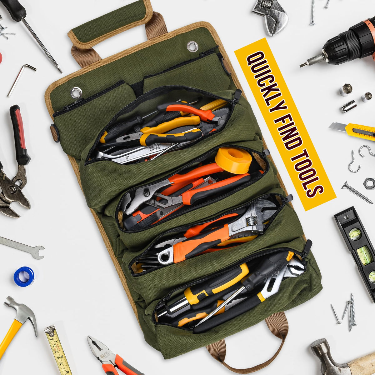 EWSNM green tool bag compact design fits neatly in a car trunk.