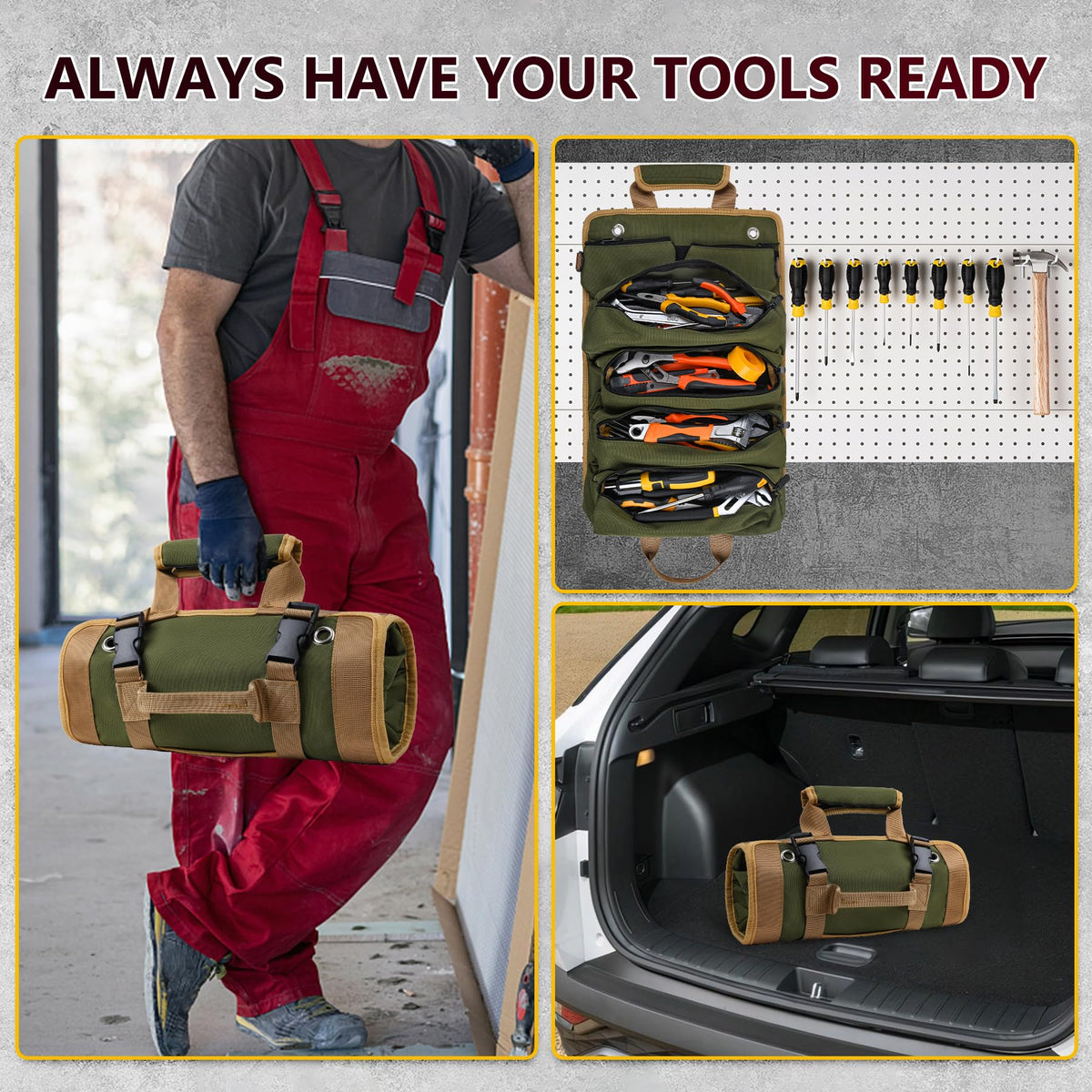 EWSNM green tool bag detachable pouches enable flexible tool setup.