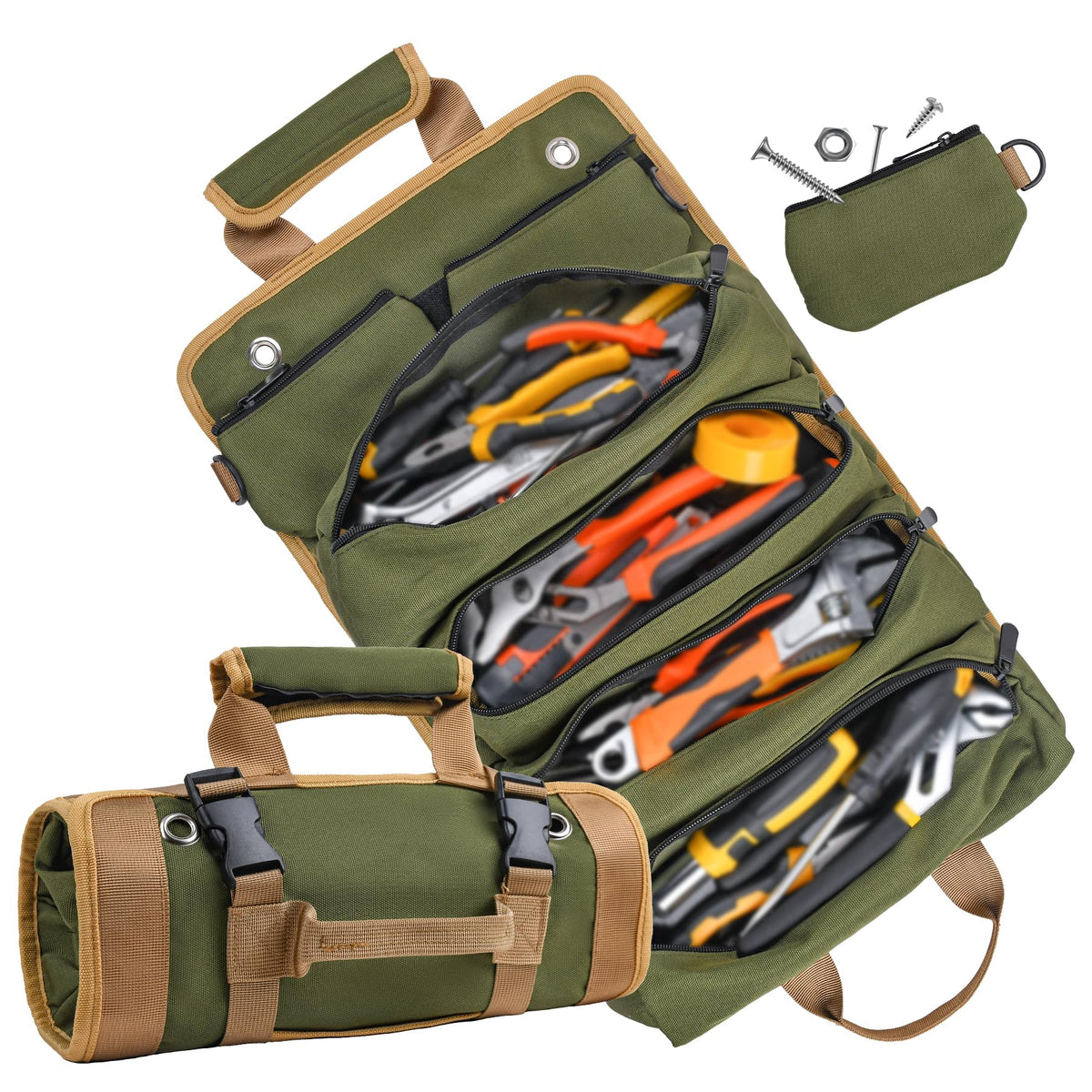 EWSNM green tool bag exterior view, rugged 1200D fabric for durability.