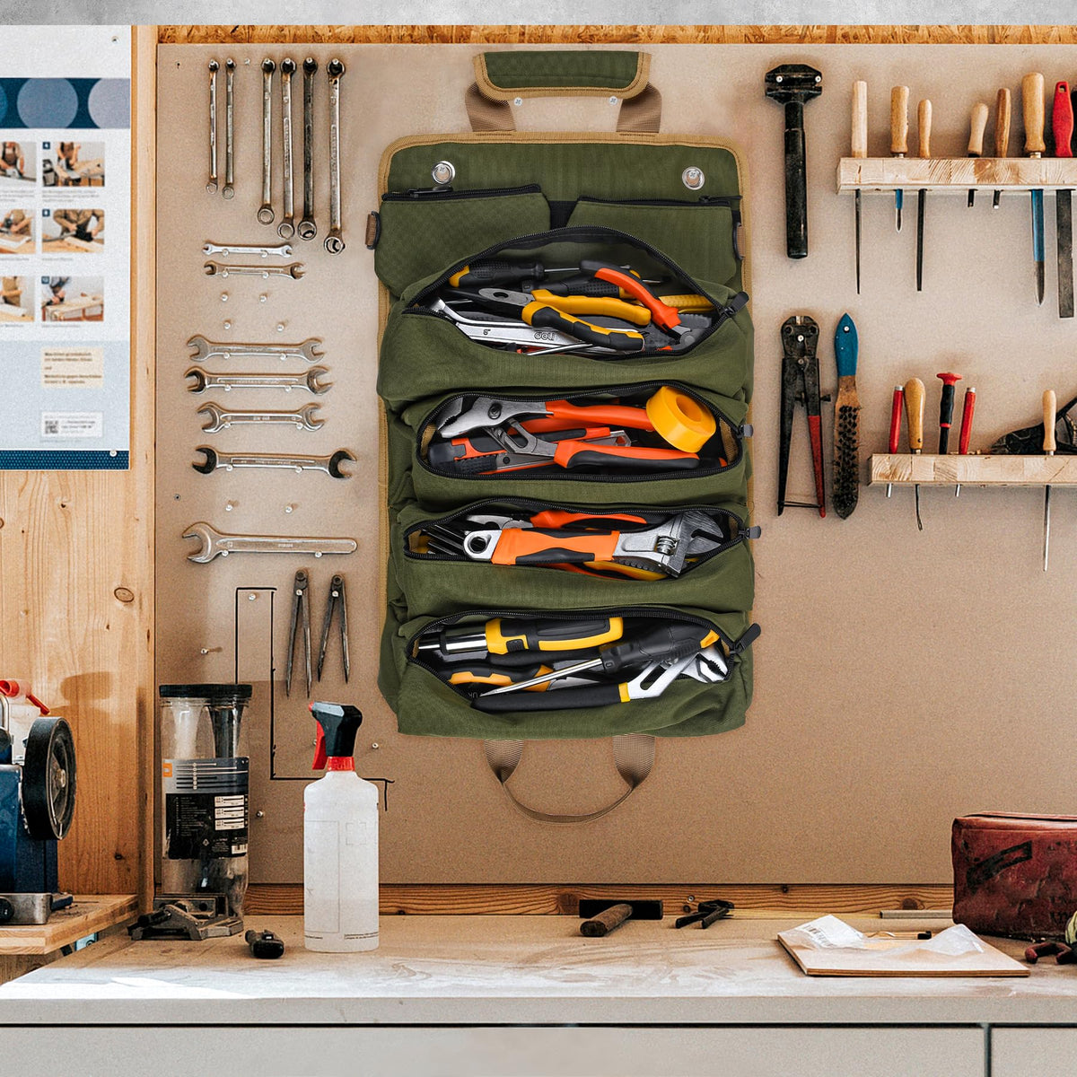 EWSNM green tool bag open layout with detachable pouches for quick tool access.