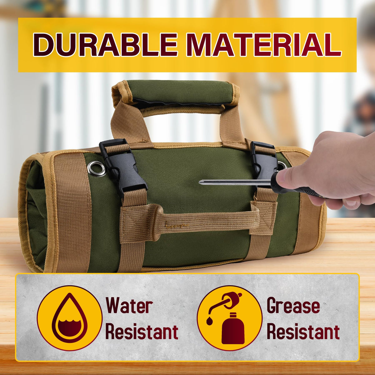 EWSNM green tool bag raised D rings offer versatile hanging options.