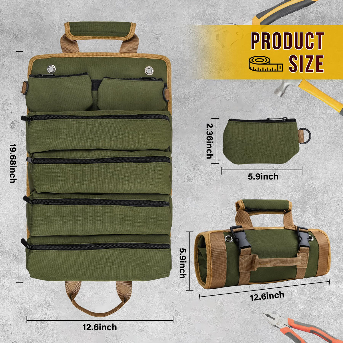 EWSNM green tool bag rolled closure demonstrates compact portability and easy transport.