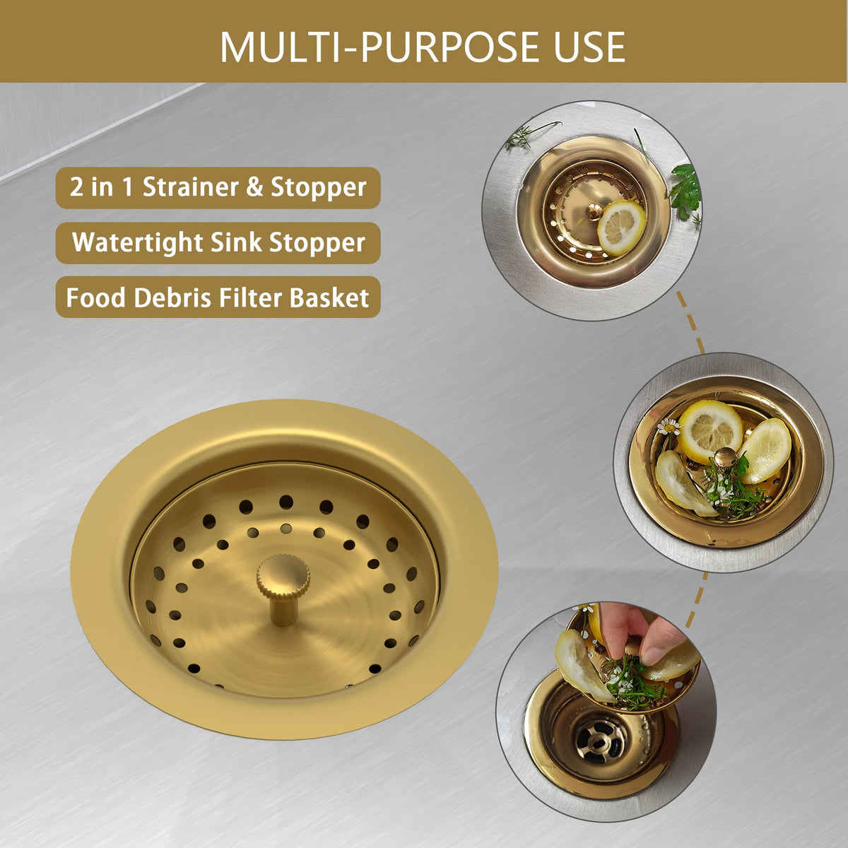 Exakey brushed gold finish drain adds style and durability to any kitchen sink.