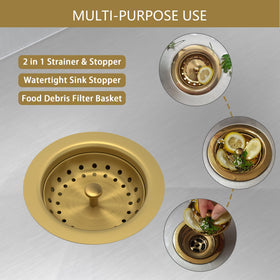 Exakey brushed gold finish drain adds style and durability to any kitchen sink.