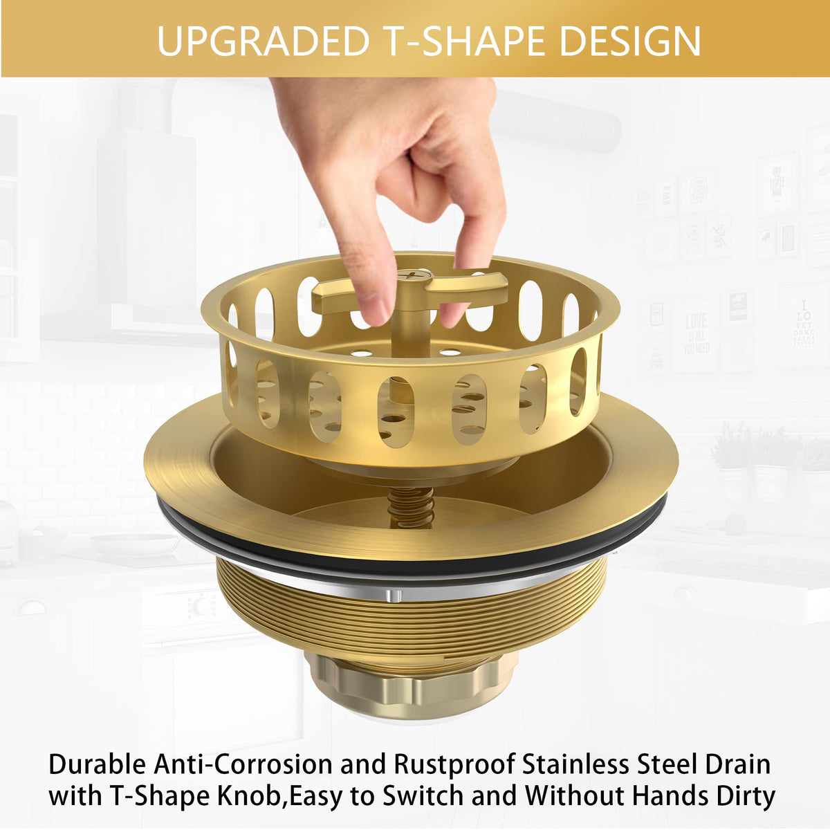 Exakey Gold sink drain basket close-up highlights rustproof stainless steel mesh.