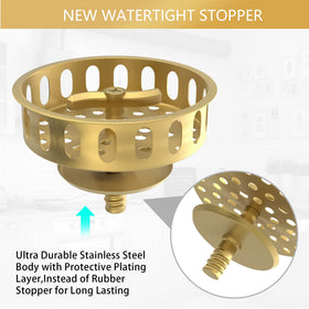 Exakey Gold sink drain stopper knob shows upgraded control for reliable sealing.