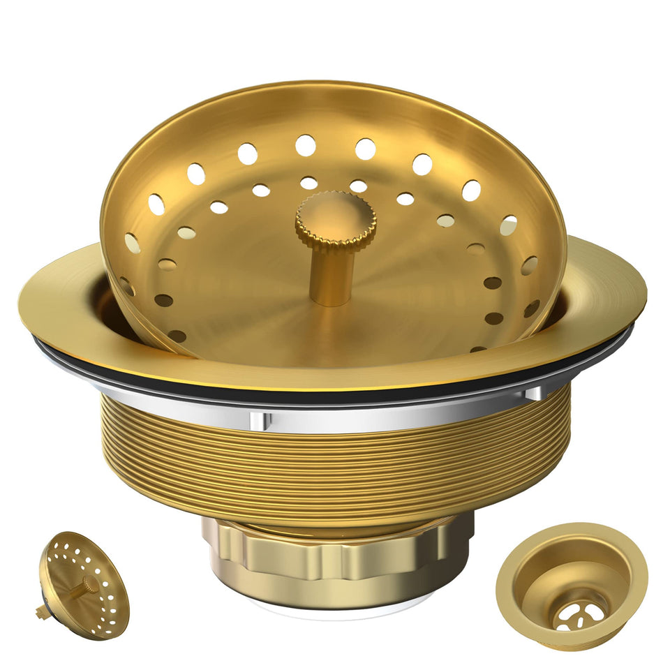 Exakey gold sink drain with strainer basket fits standard 3.5 inch holes, prevents debris.