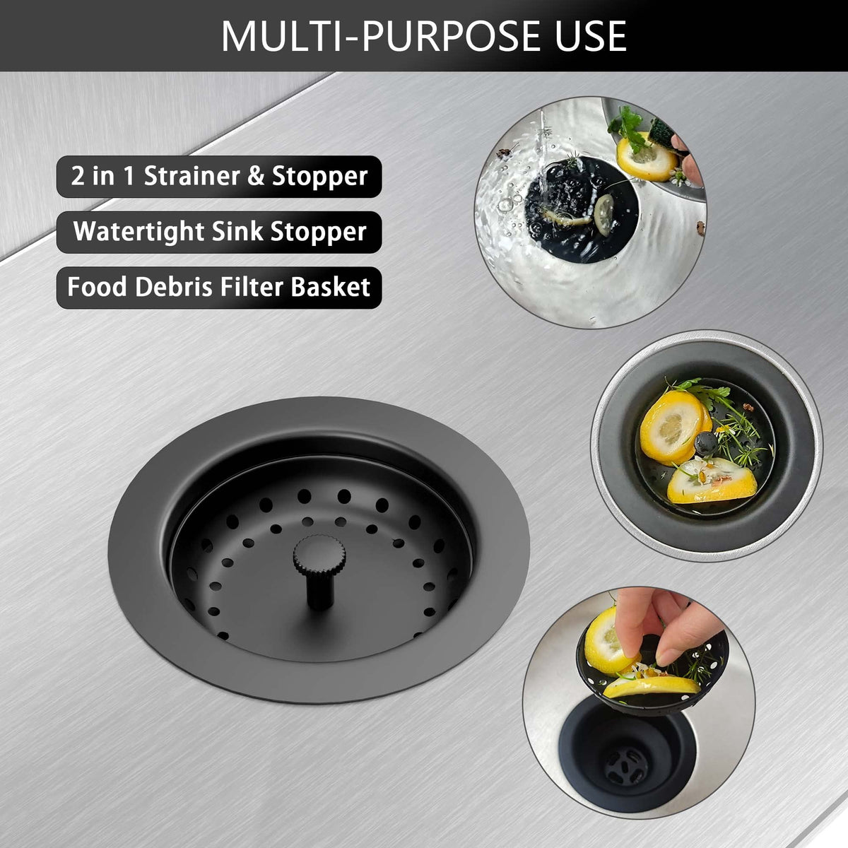 Exakey matte black stainless steel drain basket filters debris efficiently