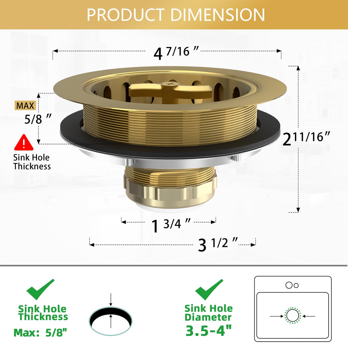Exakey standard 3-1/2-inch drain compatibility illustration for many sinks.