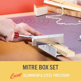 Wood being cut at 45° and 90° with the Excel Blades box.