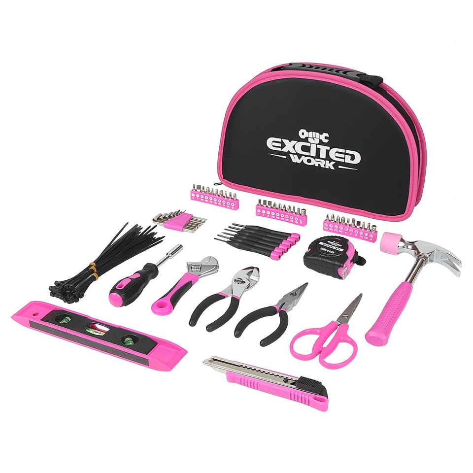 Excited Work 89-piece pink tool kit with round pouch for easy home projects.