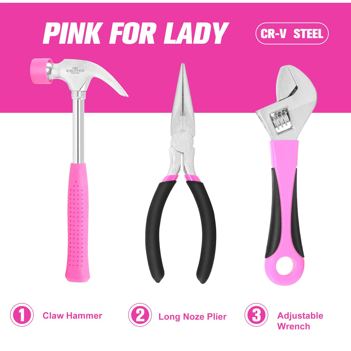 Excited Work pink tools closeup highlights versatile household essentials.