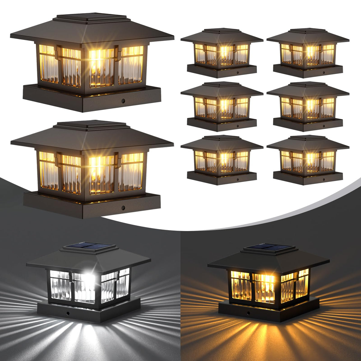 EXCMARK 4x4 post cap light, front view, warm glow for decks
