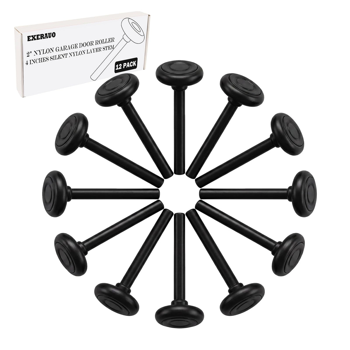 EXERAUO 12-pack nylon garage door rollers with 2-inch wheels for smooth operation.