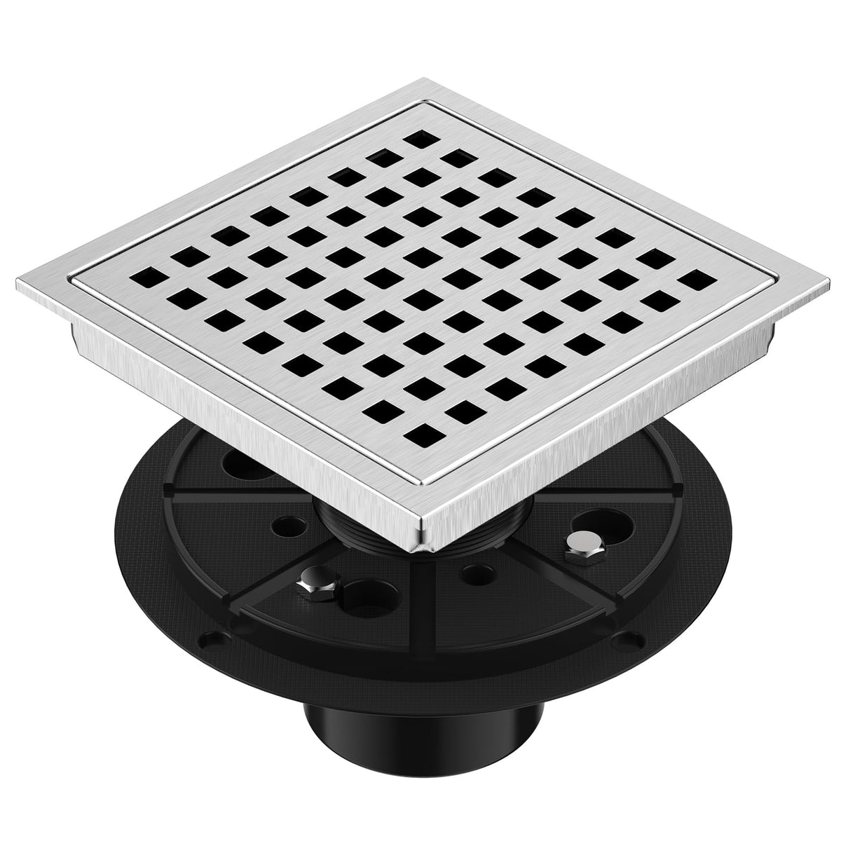 EXF 6 inch square shower drain with brushed nickel finish and removable grid for easy cleaning
