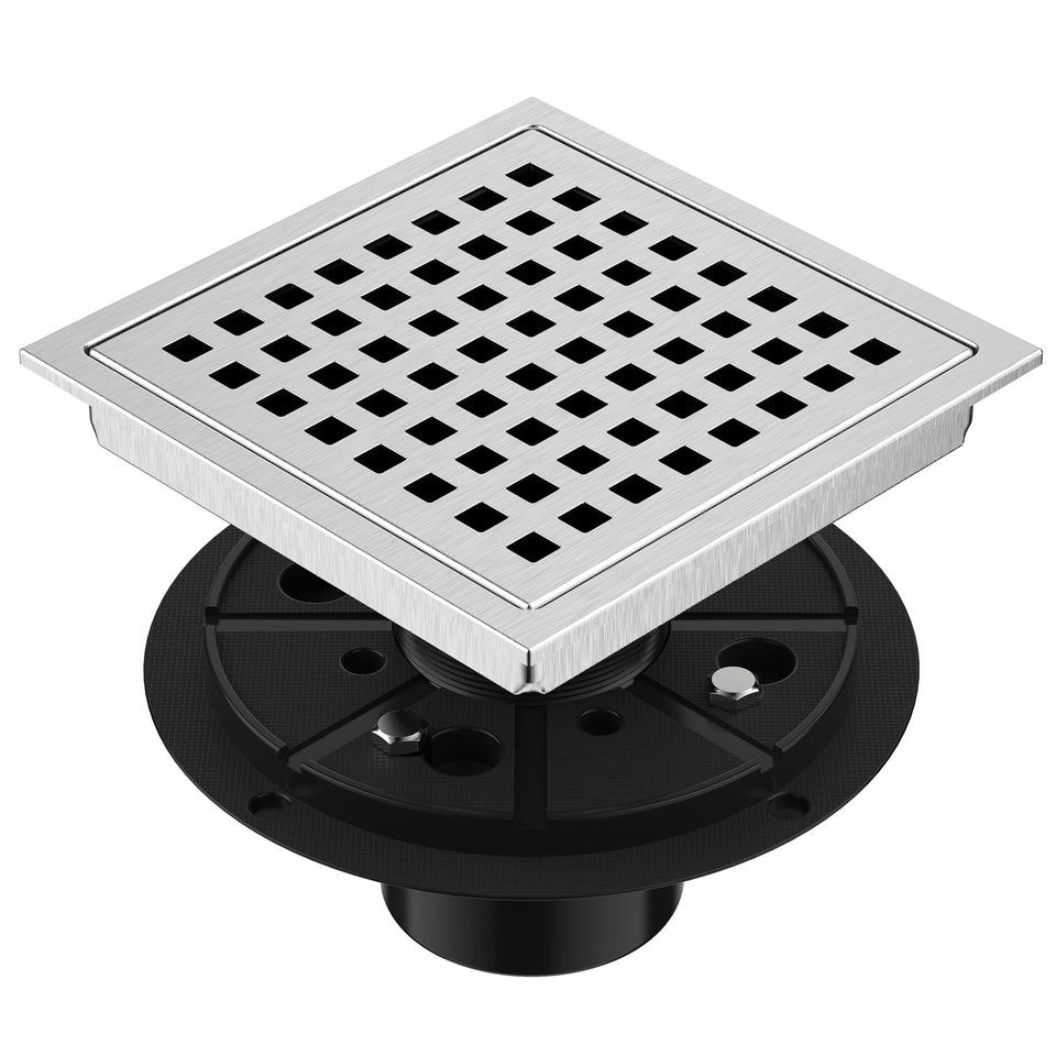 EXF 6 inch square shower drain with brushed nickel finish and removable grid for easy cleaning