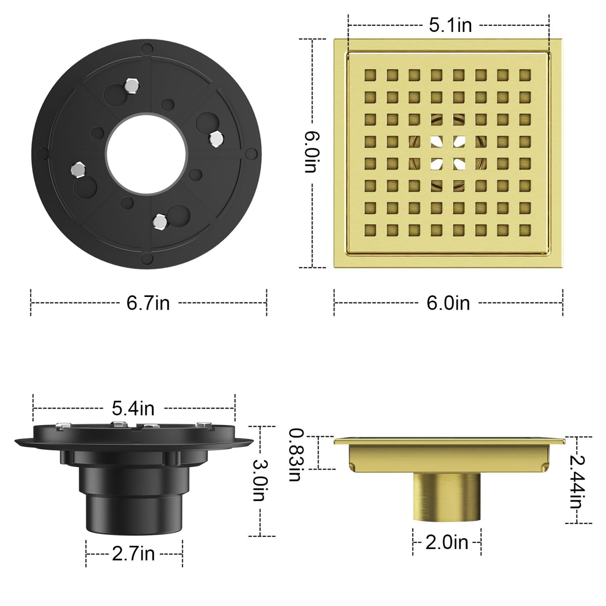 EXF brushed gold drain cover grid showcases seamless, elegant installation.