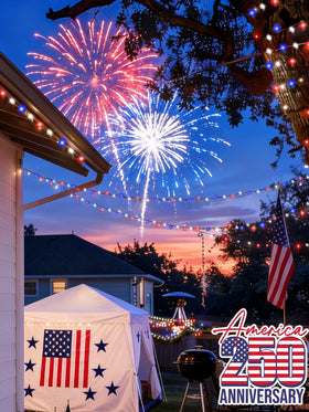 EXF festive yard decor along fence lines and tree canopies.
