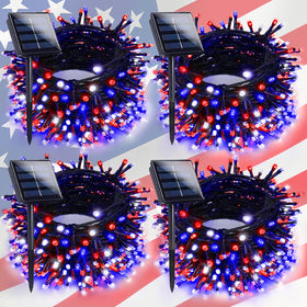 EXF outdoor solar string lights illuminate the yard for Independence Day celebrations.