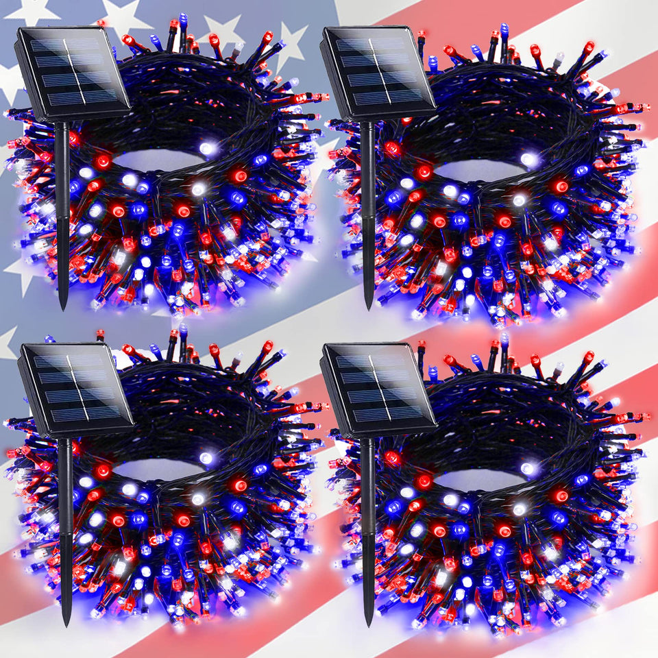 EXF outdoor solar string lights illuminate the yard for Independence Day celebrations.