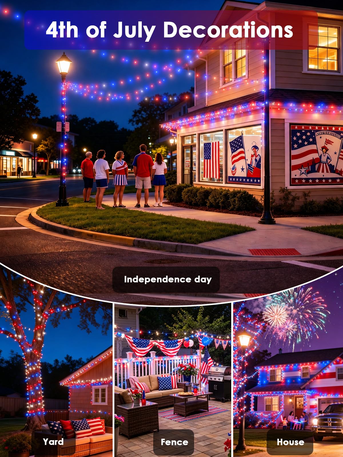 EXF patriotic red white blue lights brighten fences and trees with festive charm.