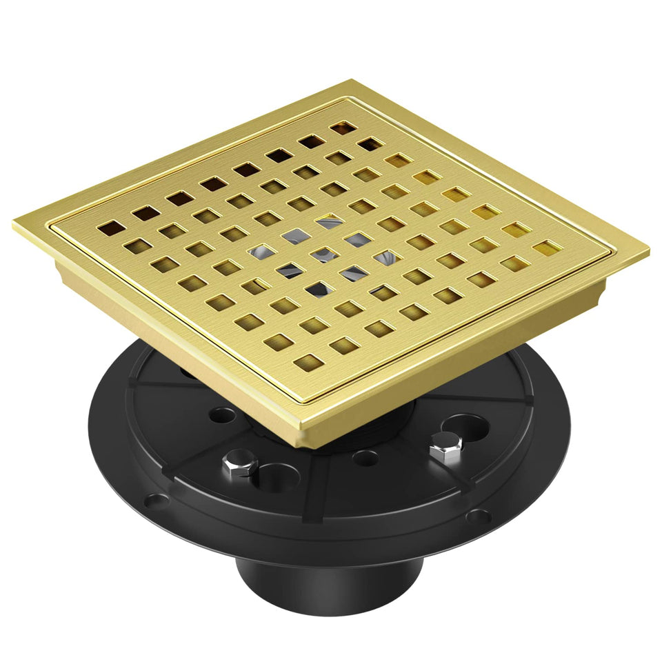 EXF shower drain 6-inch square grid promotes high flow and style.