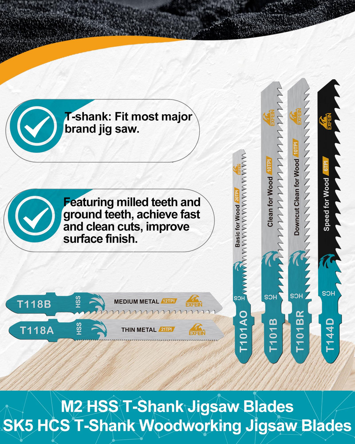 EXFEIN T101AO blade for curve cuts in wood with clean edges.
