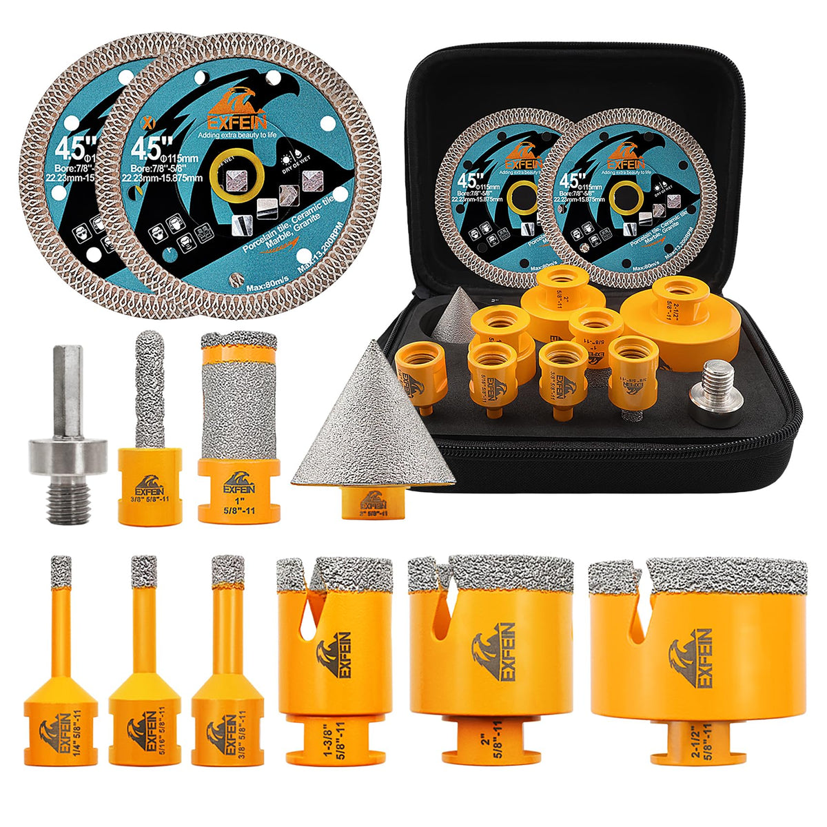 EXFEIN Diamond Tile Hole Saw Kit core drill bits and sizes ready for porcelain and marble drilling
