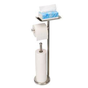 Exilon brushed-nickel freestanding toilet paper stand base keeps rolls organized and stable.